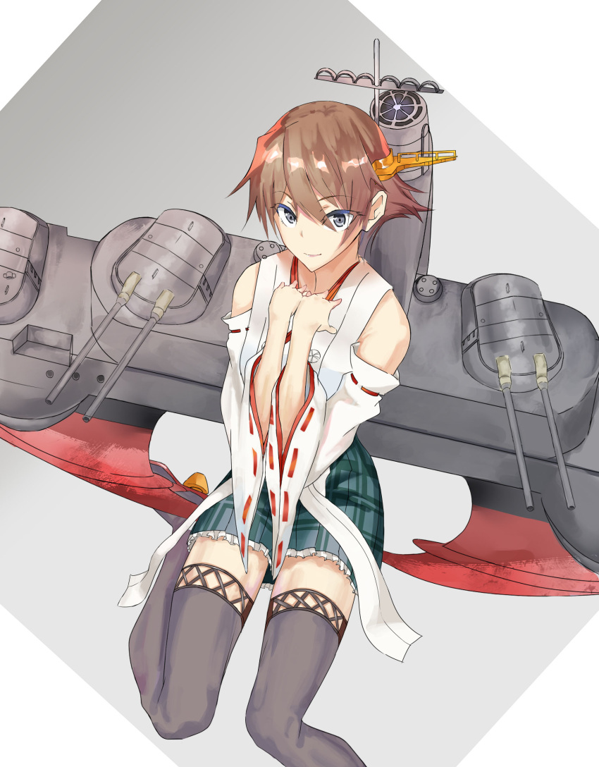 1girl bare_shoulders blue_eyes boots brown_hair detached_sleeves hands_on_own_chest hiei_(kantai_collection) highres kantai_collection looking_at_viewer nontraditional_miko plaid plaid_skirt rigging short_hair sitting sketch skirt solo soramame926 thigh-highs thigh_boots thighs turret wide_sleeves