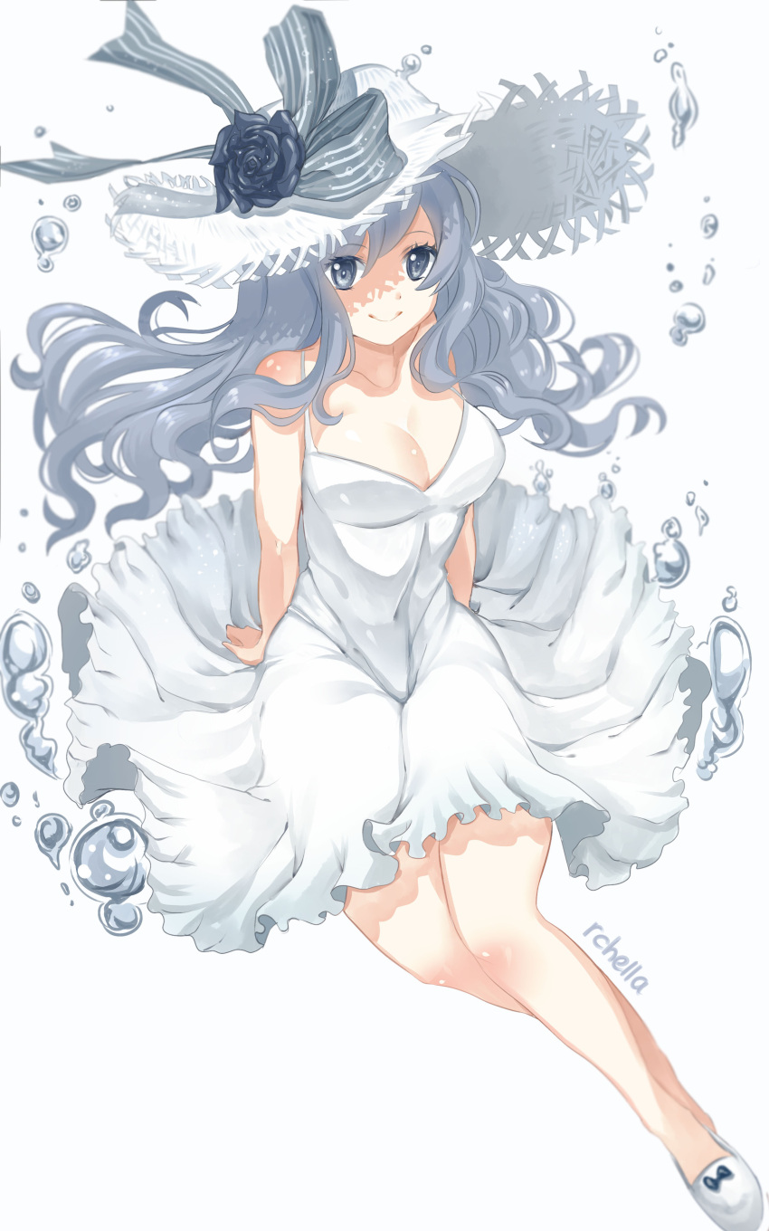 1girl absurdres arm_support black_flower breasts cleavage covered_navel dress fairy_tail floating_hair grey_eyes grey_hair hat highres juvia_lockser juvia_loxar large_breasts long_hair looking_at_viewer rchella ribbon shiny shiny_skin shoes signature simple_background sleeveless sleeveless_dress smile solo striped striped_ribbon sun_hat white_background white_dress white_hat white_shoes