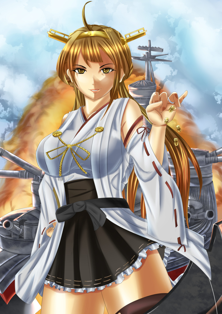1girl absurdres ahoge boots breasts brown_eyes brown_hair bullet detached_sleeves hand_on_hip highres kantai_collection kongou_(kantai_collection) large_breasts nontraditional_miko rigging skirt smile smoke solo tasogarehiraku thigh-highs thigh_boots thighs turret wide_sleeves