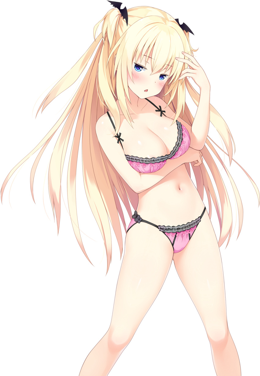1girl bat_hair_ornament blonde_hair blue_eyes blush bra chestnut_mouth hair_ornament highres jitome long_hair navel panties pink_bra pink_panties solo transparent_background two_side_up underwear underwear_only