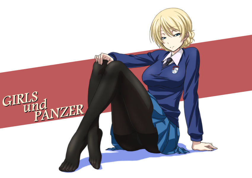 1girl arm_support blue_eyes breasts copyright_name darjeeling girls_und_panzer legs_crossed light_smile looking_at_viewer necktie panties panties_under_pantyhose pantyhose pantyshot pantyshot_(sitting) raised_eyebrows safe sitting skirt smile solo thighband_pantyhose thighs tofu_menu underwear white_background