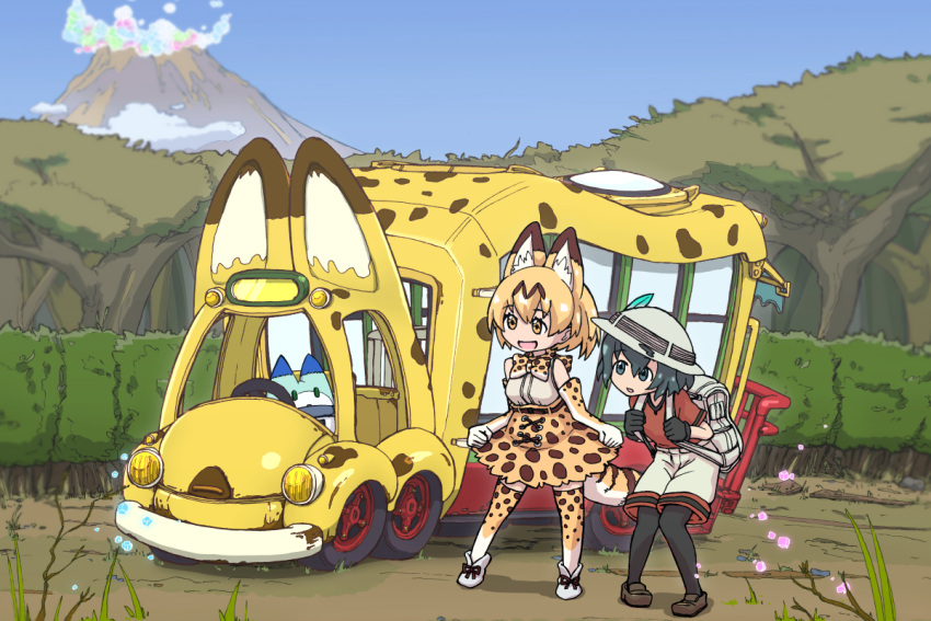 2girls animal_ears artist_request backpack bag bare_shoulders black_hair black_legwear blonde_hair blush boots bow bowtie breasts bus cat_ears cat_tail clouds commentary_request day elbow_gloves gloves ground_vehicle hat hat_feather kaban kemono_friends looking_at_viewer lucky_beast_(kemono_friends) motor_vehicle multiple_girls nekobus open_mouth outdoors safari_hat serval_(kemono_friends) serval_ears serval_print serval_tail shirt shoes short_hair skirt sky sleeveless smile tail thigh-highs tonari_no_totoro tree yellow_eyes