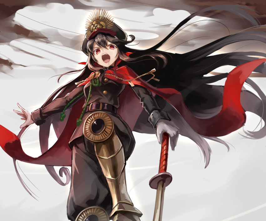 1girl belt black_hair black_hat boots cape commentary_request demon_archer fate_(series) from_below gloves hat japanese_clothes knee_up koha-ace long_hair long_sleeves looking_at_viewer military military_uniform planted_sword planted_weapon red_cape red_eyes solo sue_sgr_u sword uniform weapon white_gloves