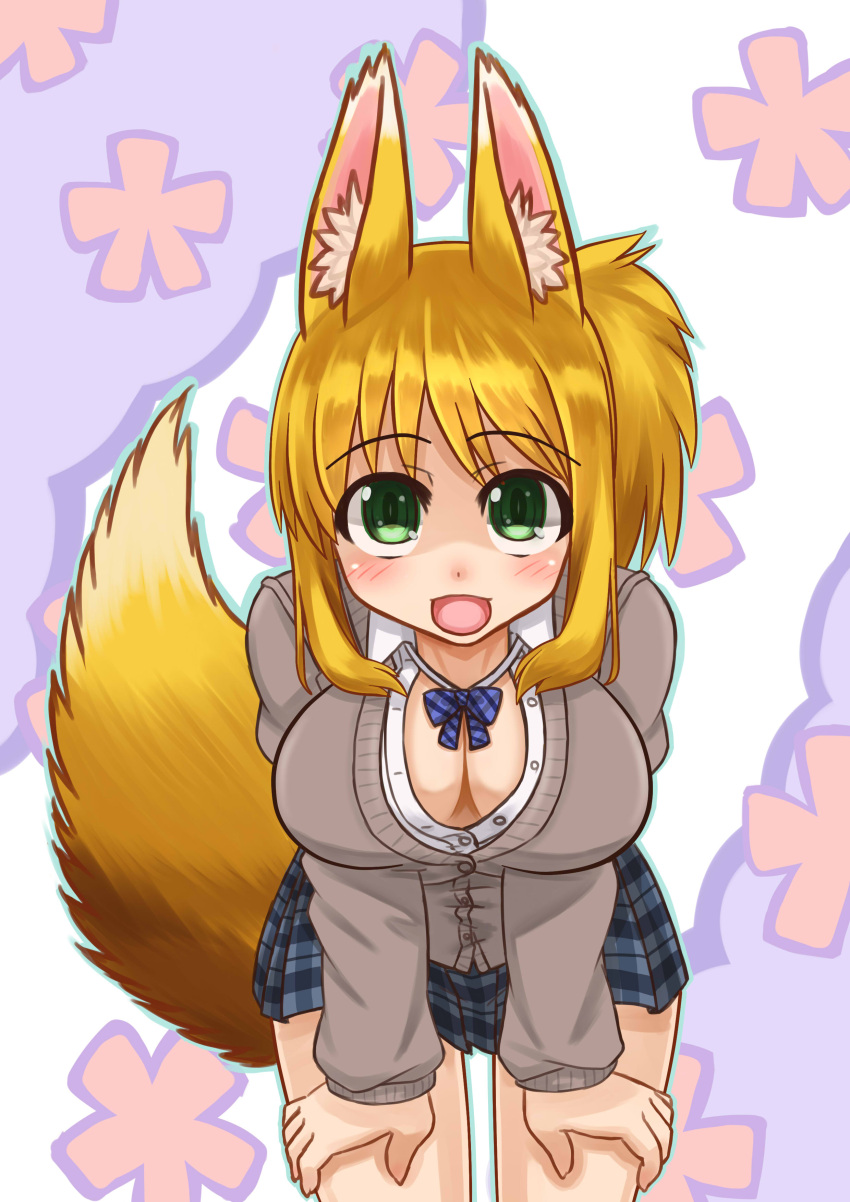 1girl absurdres animal_ears blonde_hair blush breasts cleavage dog_days fox_ears fox_tail gankon green_eyes highres large_breasts long_hair open_mouth pleated_skirt ponytail skirt smile solo tail thigh-highs uniform yukikaze_panettone