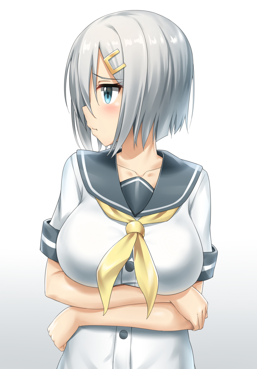 1girl absurdres blue_eyes collarbone crossed_arms gradient gradient_background hair_ornament hairpin hamakaze_(kantai_collection) highres kantai_collection looking_away md5_mismatch nedia_r pleated_skirt pout resized school_uniform serafuku short_hair silver_hair simple_background skirt solo upscaled