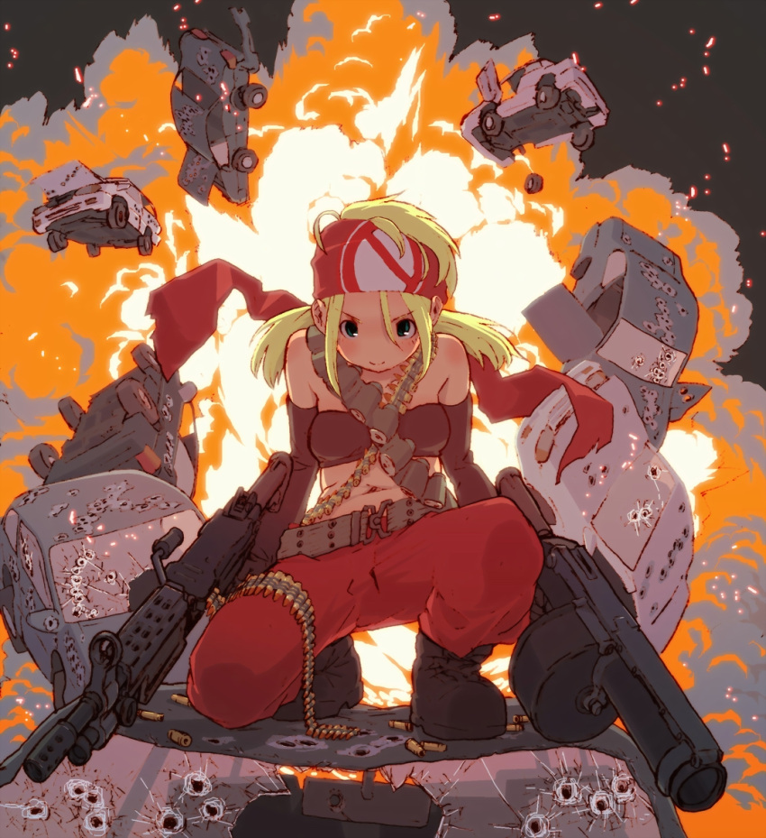 1girl belt belt_feed bikini_top blonde_hair boots bullet bullet_hole car detached_sleeves explosion grenade_launcher ground_vehicle gun headband looking_at_viewer m249 machine_gun motor_vehicle original pants red_pants shell_casing solo tetsuro_ito twintails weapon