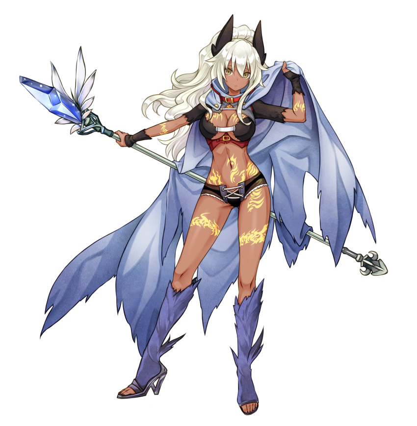 1girl absurdres bellmarine breasts cape dark_skin end_ride_x_fragments full_body full_body_tattoo high_heels high_ponytail highres holding holding_staff large_breasts long_hair navel short_shorts short_sleeves shorts solo staff tattoo transparent_background white_hair yellow_eyes