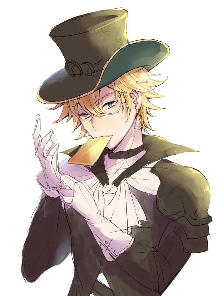 &gt;:3 1boy :3 adjusting_clothes adjusting_gloves blonde_hair bloom blue_eyes cape card cravat earrings gloves granblue_fantasy hat highres jewelry kadzuki_(ka3du6ki) kaitou_chat_noir long_sleeves looking_at_viewer male_focus monocle mouth_hold simple_background solo top_hat upper_body white white_background white_gloves
