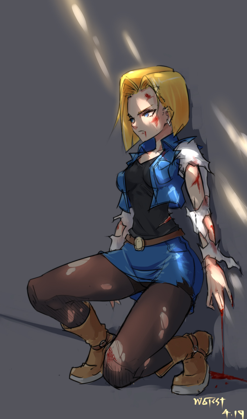 1girl absurdres android_18 artist_name belt blonde_hair blood blood_on_arm blood_on_face blue_eyes boots breasts cropped_jacket denim denim_jacket dragon_ball earrings highres jewelry kneeling_on_one_leg leaning_on_object medium_breasts pantyhose sketch skirt solo torn_clothes torn_pantyhose torn_sleeves worst_(am-worst)