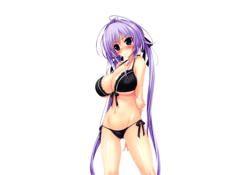 1girl arms_behind_back black_panties blue_eyes blush breasts groin halter_top halterneck highres hoshizaki_ouka large_breasts long_hair navel official_art oshiki_hitoshi panties purple_hair sakigake_generation! solo transparent_background twintails underwear underwear_only very_long_hair