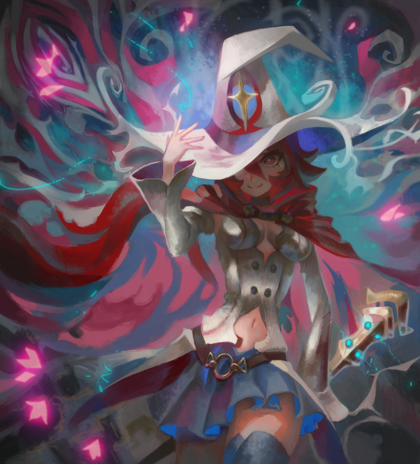 1girl belt blue_skirt breasts cape cleavage covering_one_eye hat highres little_witch_academia navel navel_cutout pleated_skirt red_eyes redhead shiny_chariot shiny_rod short_hair skirt smile solo thigh-highs visqi wide_sleeves witch witch_hat