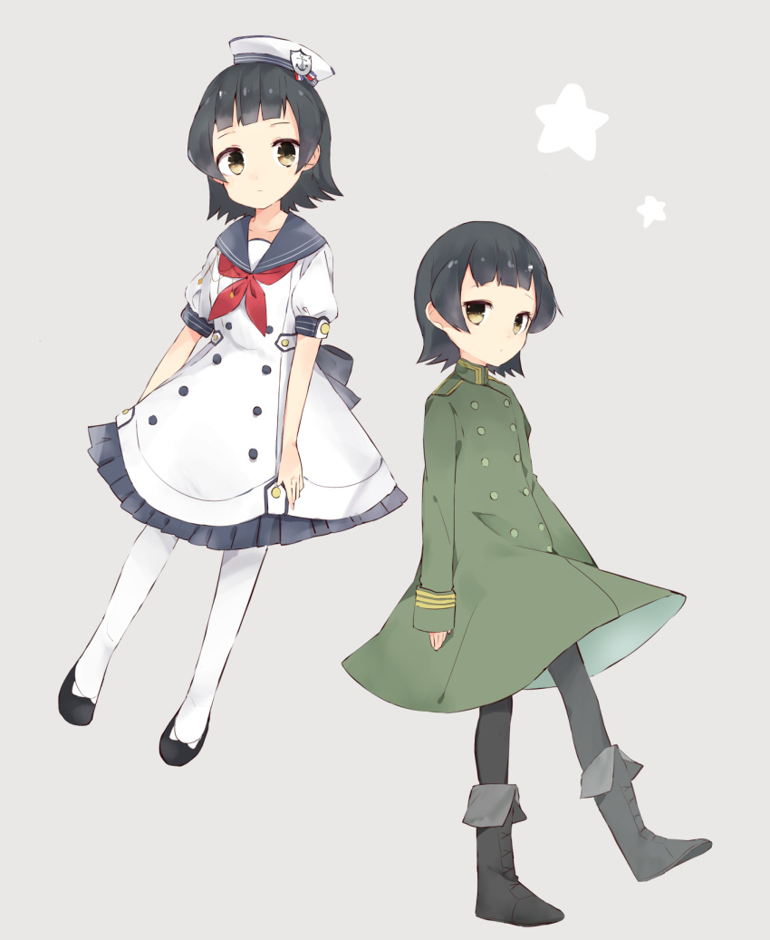 1girl alternate_costume arare_(kantai_collection) black_boots black_hair black_legwear black_shoes boots brown_eyes double-breasted dress grey_background hat highres kantai_collection long_sleeves lost_tree military military_uniform ooyama_imo pantyhose red_neckerchief sailor_collar sailor_dress sailor_hat shoes short_hair short_sleeves solo uniform white_legwear