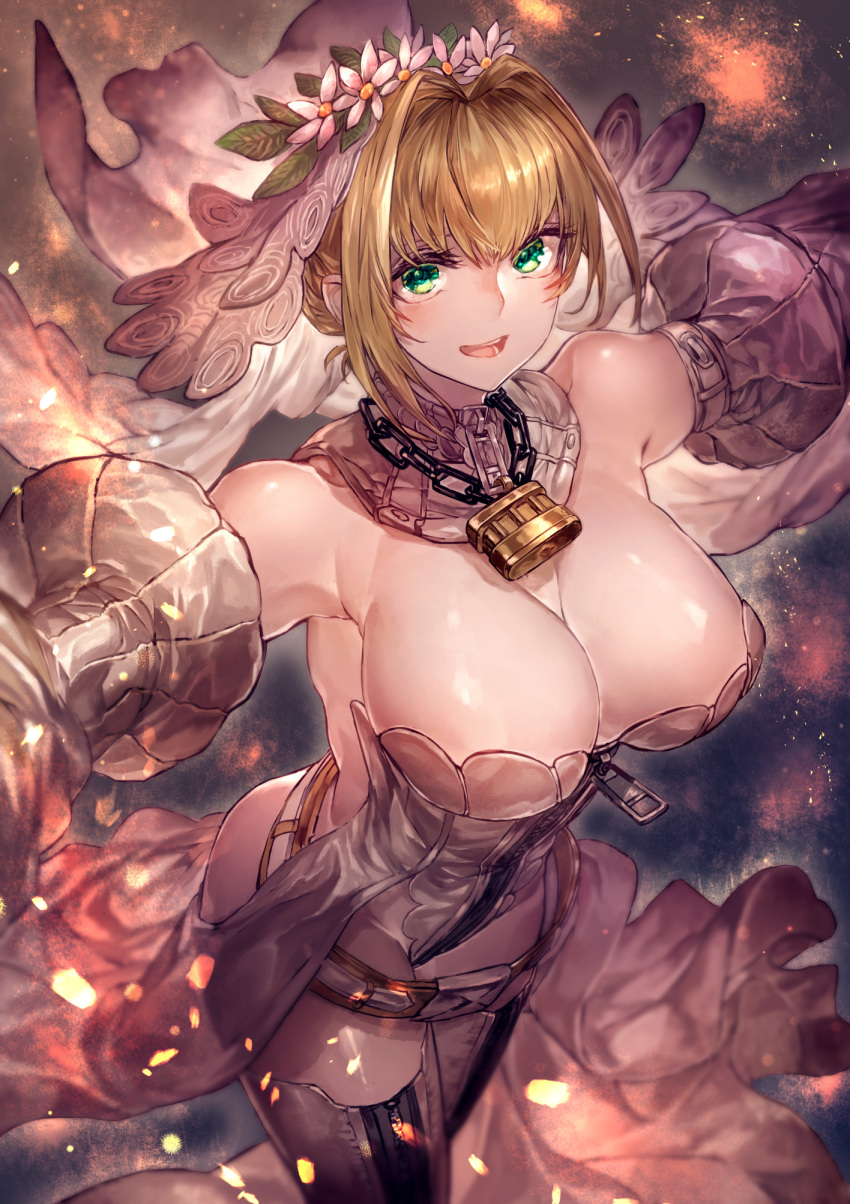1girl :d bare_back bare_shoulders belt breasts chains cleavage collar detached_collar detached_sleeves fate/grand_order fate_(series) flower from_above green_eyes highres large_breasts lock looking_at_viewer open_mouth outstretched_arms padlock saber_bride saber_extra signo_aaa smile thigh-highs veil wreath
