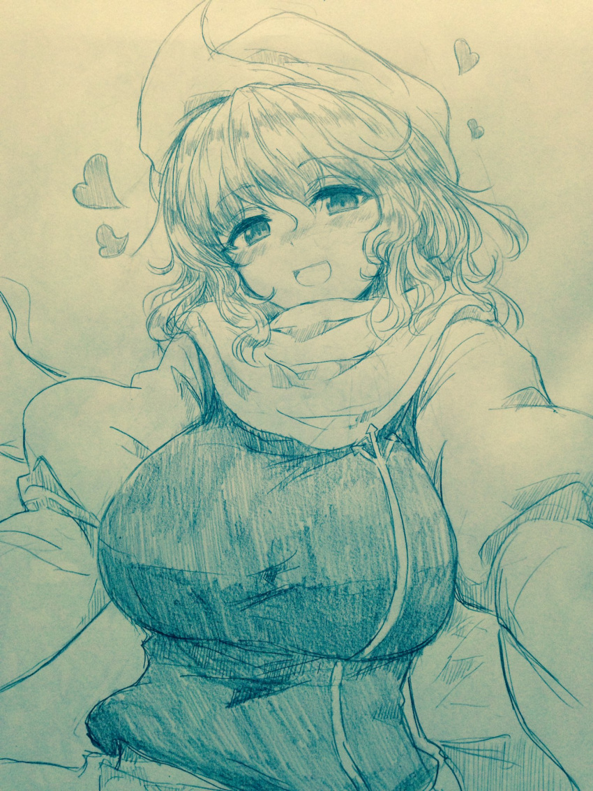1girl :d bangs blunt_bangs blush breasts efukei eyebrows_visible_through_hair hair_between_eyes hat heart highres large_breasts letty_whiterock looking_at_viewer monochrome nose_blush open_mouth puffy_sleeves smile solo touhou traditional_media upper_body
