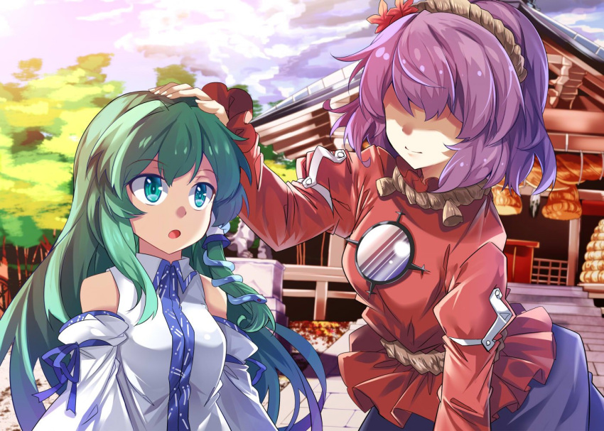 2girls aqua_eyes architecture bending_forward blouse clouds commentary_request day detached_sleeves dutch_angle e.o. east_asian_architecture green_hair hair_ornament hair_tubes hand_on_another's_head kochiya_sanae long_hair looking_at_another mirror moriya_shrine multiple_girls outdoors parted_lips purple_hair red_blouse rope shaded_face shimenawa short_hair snake_hair_ornament touhou tree upper_body yasaka_kanako