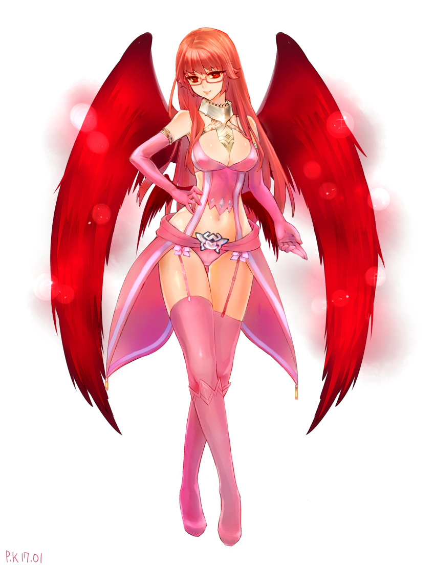 1girl angel_wings bare_shoulders breasts cleavage elbow_gloves garter_straps glasses gloves hand_on_hip highres large_breasts long_hair looking_at_viewer low_wings mabinogi midriff multiple_wings navel original pink_legwear red_eyes red_wings redcrab78 redhead revealing_clothes smile solo thigh-highs wings