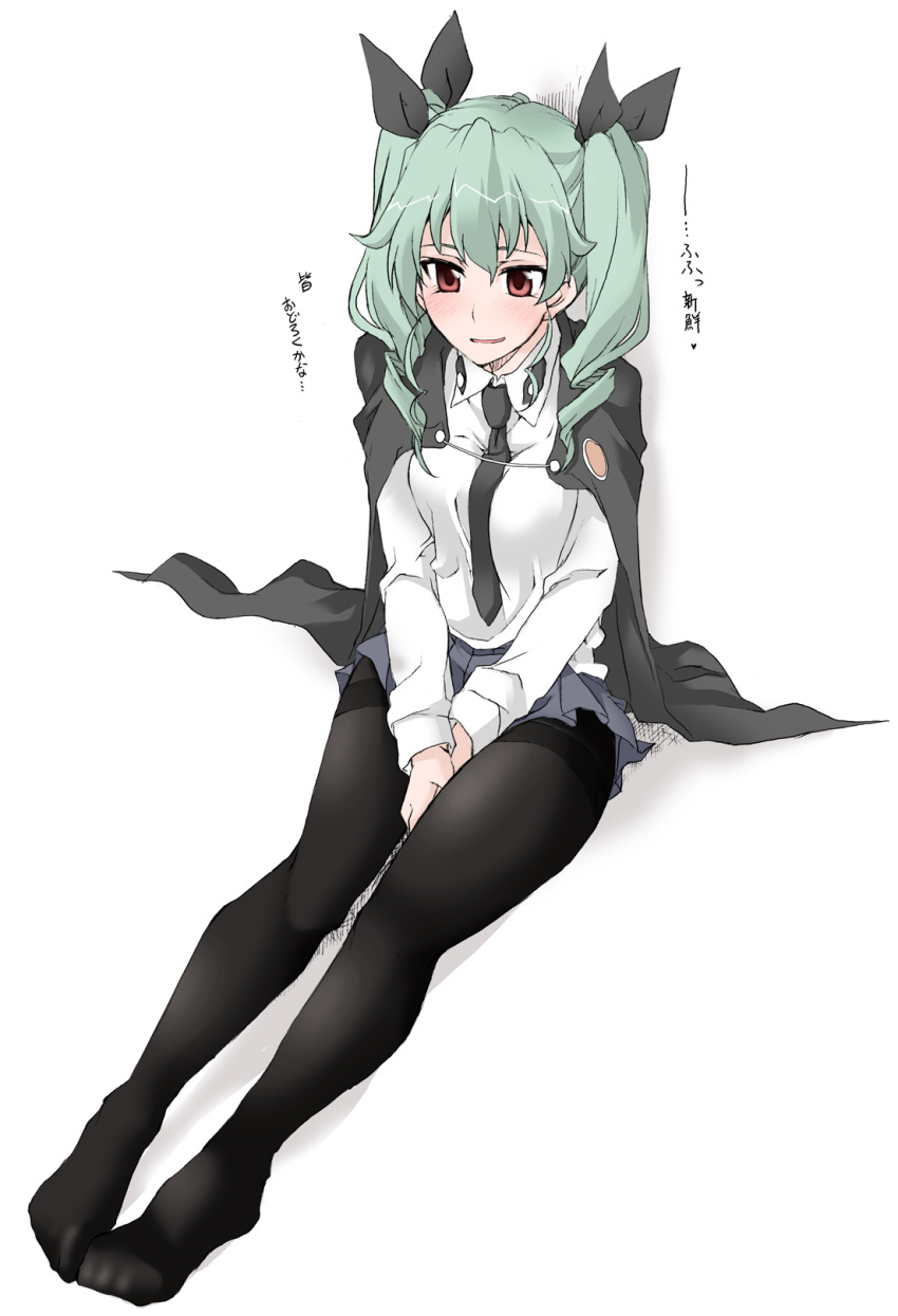 anchovy between_breasts between_legs black_legwear black_necktie black_ribbon cape drill_hair elf_(stroll_in_the_woods) girls_und_panzer green_hair hair_ribbon hand_between_legs highres miniskirt necktie necktie_between_breasts no_shoes pantyhose ribbon sitting skirt thighband_pantyhose translated twintails