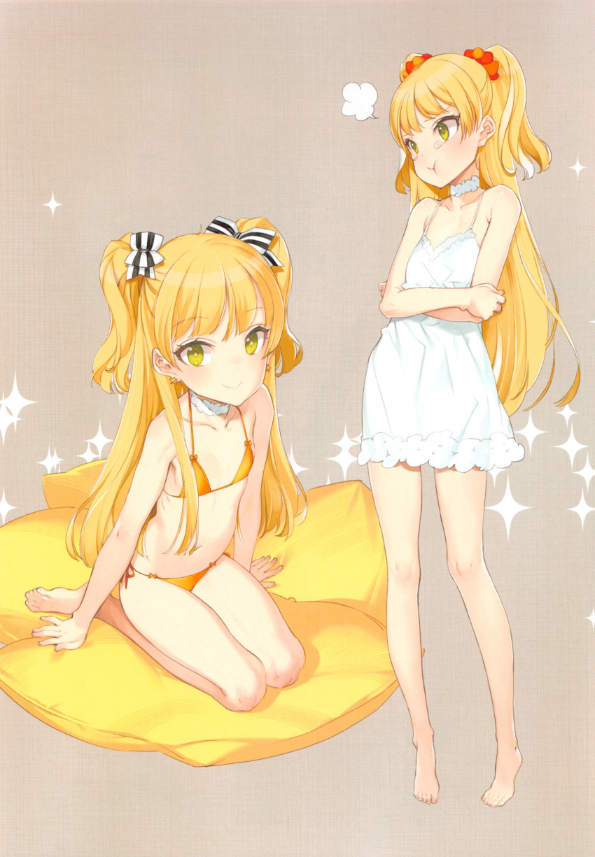 1girl :t absurdres bangs bare_arms bare_shoulders barefoot bikini blonde_hair blunt_bangs bow brown_background collarbone crossed_arms dress earrings eyebrows_visible_through_hair feet flat_chest full_body fume green_eyes hair_bow hair_ornament hair_scrunchie highres idolmaster idolmaster_cinderella_girls jewelry jougasaki_rika long_hair multiple_views navel ooyari_ashito orange_bikini pillow pout scrunchie seiza simple_background sitting sleeveless sleeveless_dress spaghetti_strap sparkle standing star star_earrings stomach striped striped_boe striped_bow sundress swimsuit tears toes two_side_up very_long_hair wariza white_choker white_dress