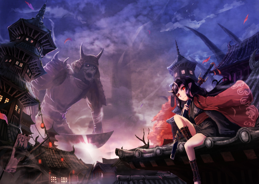 1girl cape fantasy giant horns japanese_clothes katana kimono looking_at_viewer monster namacotan oni original pointy_ears red_eyes sword weapon