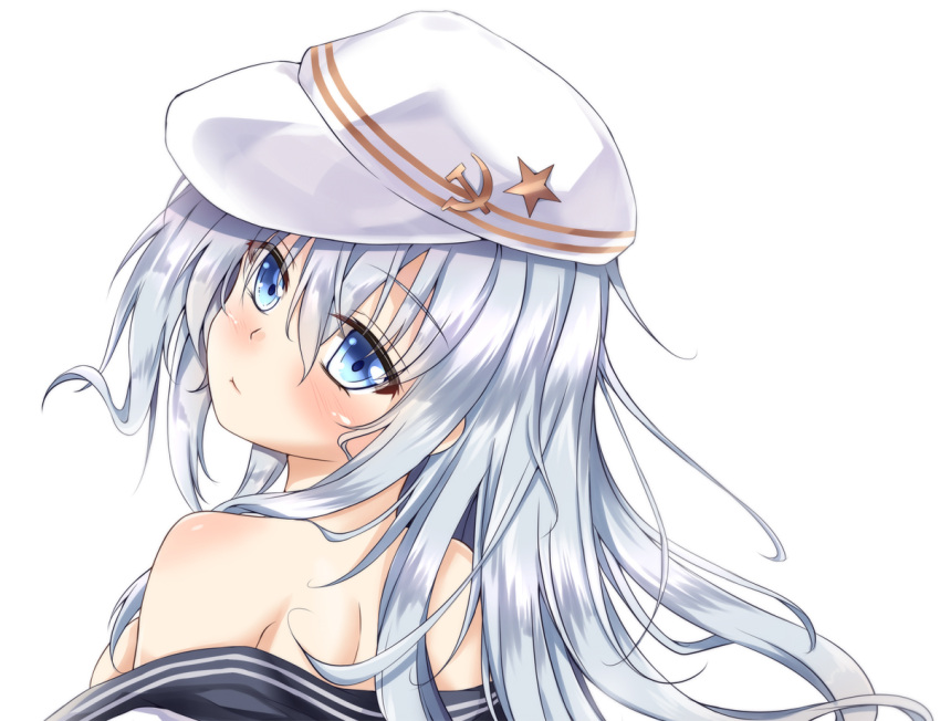 1girl bare_shoulders blush body_blush breasts closed_mouth flat_cap folko from_behind hair_between_eyes hammer_and_sickle hat hibiki_(kantai_collection) kantai_collection long_hair looking_at_viewer looking_back off_shoulder remodel_(kantai_collection) shiny shiny_hair shoulder_blades sideboob simple_background small_breasts solo star tareme undressing upper_body verniy_(kantai_collection) white_background white_hat