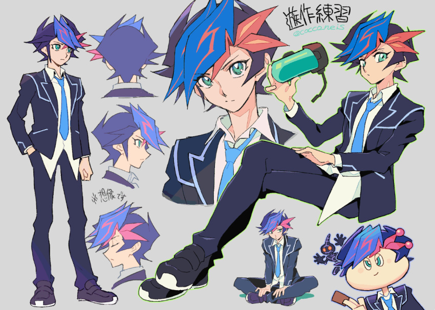 1boy blue_hair blue_necktie card character_name character_sheet cocconeis fujiki_yuusaku green_eyes grey_background hand_in_pocket male_focus multicolored_hair multiple_views necktie pink_hair pokemon_(creature) school_uniform short_hair simple_background sitting turnaround twitter_username yu-gi-oh! yuu-gi-ou_vrains