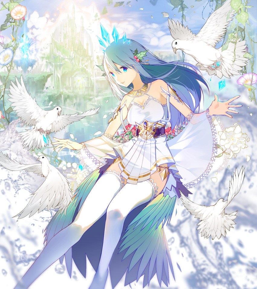 1girl ajahweea bangs bare_shoulders bird blue_eyes blue_hair breasts cleavage crown crystal dress eyebrows_visible_through_hair flower flying gem hair_ornament highres jewelry lake long_hair looking_at_viewer necklace open_mouth original ornate ornate_clothing outdoors palace pale_skin petals plant smile solo thigh-highs vines water waterfall white_dress white_legwear zettai_ryouiki