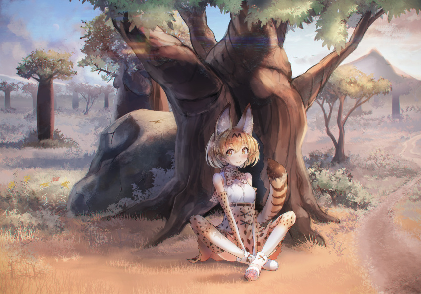 1girl animal_ears animal_print bare_shoulders between_legs blonde_hair blue_sky blush boots bow cat_ears cat_tail chromatic_aberration commentary_request day elbow_gloves full_body gloves hand_between_legs highres kemono_friends looking_at_viewer nasuno_chiyo outdoors savannah serval_(kemono_friends) serval_ears serval_tail shirt short_hair sitting skirt sky sleeveless sleeveless_shirt smile solo striped_tail tail thigh-highs tree white_boots white_shirt yellow_eyes