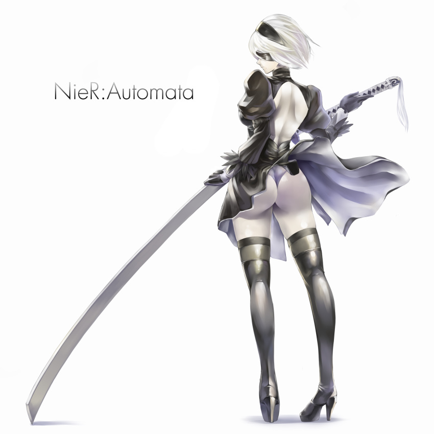 1girl ass bangs black_boots black_dress black_gloves black_hairband black_legwear blindfold boots breasts closed_mouth copyright_name covered_eyes dress from_behind full_body gloves hairband high_heel_boots high_heels highres holding holding_sword holding_weapon huge_weapon juliet_sleeves katana kazuki_seihou legs_apart leotard long_sleeves looking_at_viewer looking_back mole mole_under_mouth nier_(series) nier_automata open-back_dress profile puffy_sleeves ribbed_dress short_dress short_hair shoulder_blades side_slit silver_hair simple_background small_breasts solo standing sword thigh-highs thigh_boots thighs thong thong_leotard upskirt vambraces weapon white_background white_hair white_leotard wind wind_lift yorha_no._2_type_b