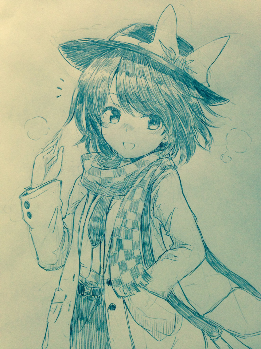 /\/\/\ 1girl :d bangs belt blush bow buttons checkered checkered_scarf commentary_request cowboy_shot efukei eyebrows_visible_through_hair hand_in_pocket hand_up hat hat_bow highres long_sleeves looking_at_viewer monochrome necktie nose_blush open_mouth scarf short_hair smile solo touhou traditional_media unbuttoned usami_renko
