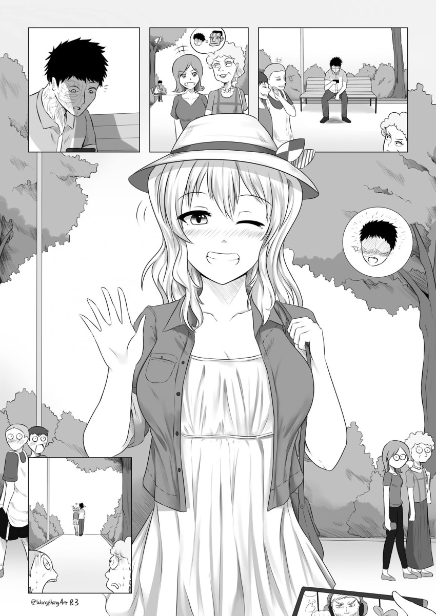 3boys 3girls ;d alternate_costume blush burn_scar casual cellphone comic commentary dress frankenstein's_monster grin hat highres jacket kantai_collection kashima_(kantai_collection) long_hair multiple_boys multiple_girls one_eye_closed open_mouth outdoors pants phone robba-san_(wangphing) scar shirt sitting smartphone smile wangphing
