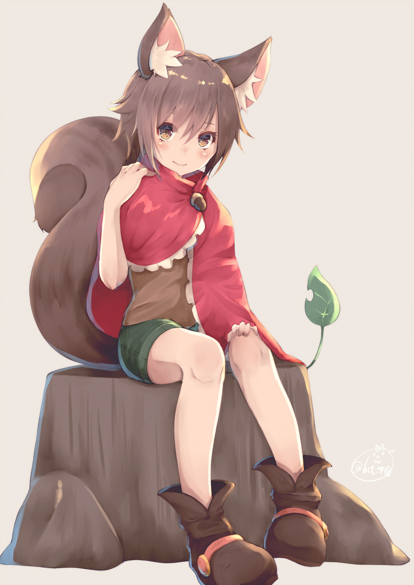 1girl animal_ears blush boots brown_boots brown_eyes brown_hair capelet chita_(ketchup) closed_mouth eyelashes green_shorts hand_on_own_knee hand_on_own_shoulder highres looking_at_viewer original red_capelet short_hair shorts signature sitting solo squirrel_ears squirrel_tail tail