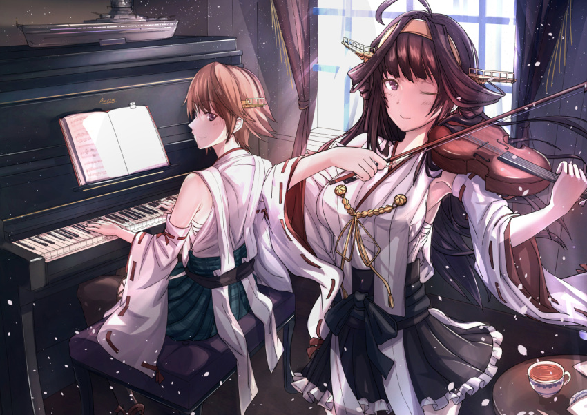 2girls ahoge antiqq black_skirt brown_eyes brown_hair cup detached_sleeves double_bun green_hair hairband headgear hiei_(kantai_collection) instrument japanese_clothes kantai_collection kongou_(kantai_collection) long_hair multiple_girls music nontraditional_miko one_eye_closed piano plaid plaid_skirt playing_instrument playing_piano ribbon-trimmed_sleeves ribbon_trim short_hair skirt smile tea teacup violin wide_sleeves window