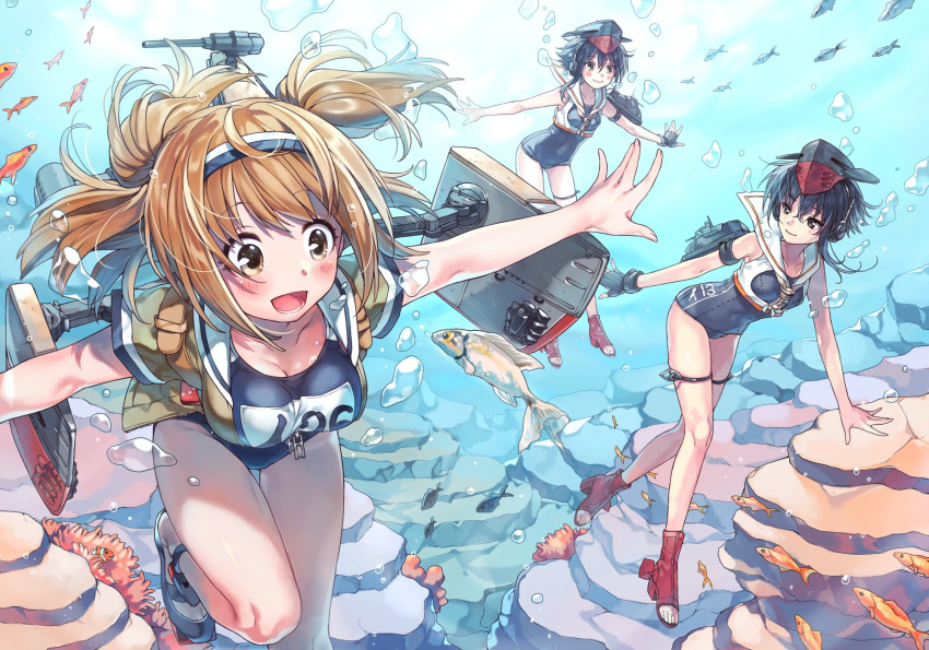 3girls air_bubble asymmetrical_hair black_hair boots breath brown_eyes bubble collarbone coral fish freediving gloves hair_between_eyes hairband harness hat headphones high_heel_boots high_heels highres i-13_(kantai_collection) i-14_(kantai_collection) i-26_(kantai_collection) kantai_collection light_brown_eyes light_brown_hair long_hair machinery multiple_girls new_school_swimsuit number ocean open_mouth outstretched_arms partly_fingerless_gloves rigging rojiko sailor_collar sandals school_swimsuit shirt short_hair short_sleeves sisters swimsuit tsurime twins two-tone_hairband two_side_up underwater zipper