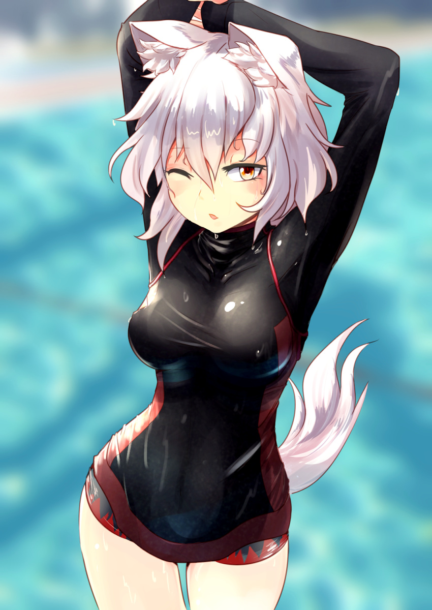 1girl animal_ears arms_behind_head arms_up black_swimsuit breasts competition_swimsuit cowboy_shot highres inubashiri_momiji long_sleeves looking_at_viewer medium_breasts nama_shirasu one-piece_swimsuit one_eye_closed orange_eyes short_hair solo stretch swimsuit swimwear tail touhou wet white_hair wolf_ears wolf_tail