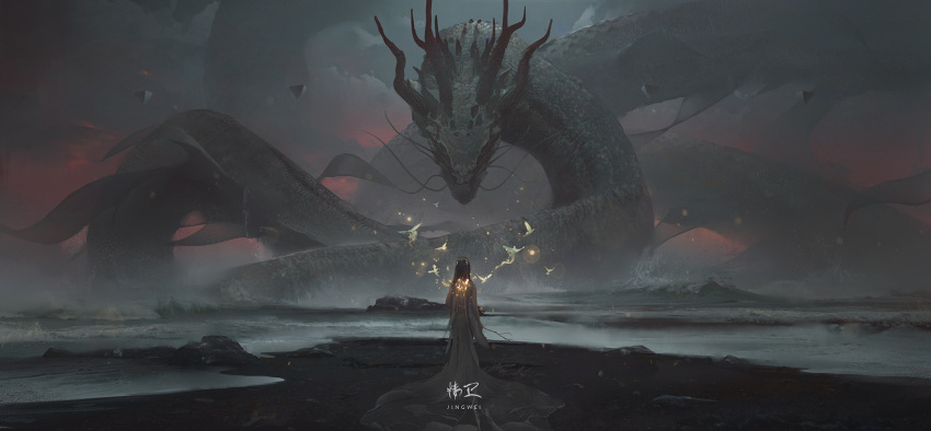 1girl black_hair character_request chinese_mythology dragon dress from_behind highres holding lens_flare multiple_horns outdoors rock standing twig water william_wu