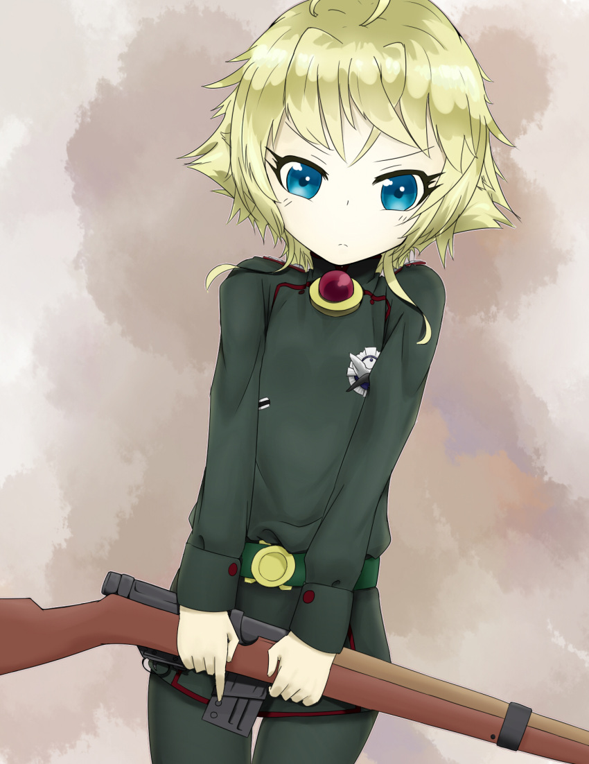 1girl blonde_hair blue_eyes fankupl gun highres looking_at_viewer medal military military_uniform rifle short_hair solo tanya_degurechaff uniform weapon youjo_senki