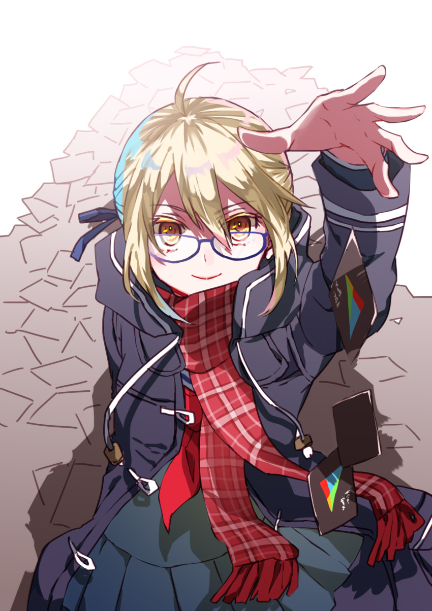 1girl ahoge blonde_hair blue-framed_eyewear dark_persona fate/grand_order fate_(series) gift_card glasses google heroine_x heroine_x_(alter) highres jacket kyouna looking_at_viewer pile plaid plaid_scarf red_scarf saber scarf school_uniform simple_background smile solo white_background yellow_eyes