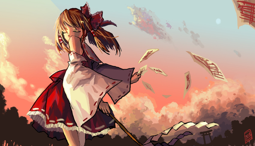 brown_hair closed_eyes cloud clouds detached_sleeves dusk from_below hakurei_reimu highres japanese_clothes kaki miko ribbon ribbons torii touhou