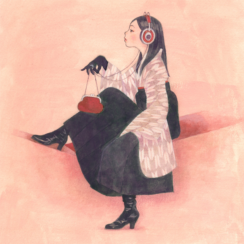 black_hair gloves headphones japanese_clothes jewelry kimono kumaori_jun profile purse ring