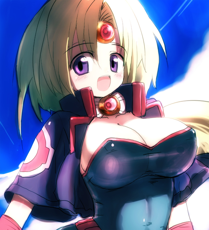 blonde_hair breasts circlet cleavage cloud clouds forehead_ornament haou_taikei_ryuu_knight headband highres large_breasts paffy_pafuricia purple_eyes rondo_bell sky smile violet_eyes