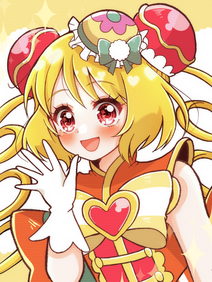 1girl :d back_bow blonde_hair blush bow brooch bun_cover cure_yum-yum delicious_party_precure double_bun drill_hair gloves green_bow hanamichi_ran hat hat_bow heart_brooch highres jewelry long_hair looking_at_viewer magical_girl mini_hat open_mouth precure red_eyes smile solo striped striped_bow twin_drills umiyuki_(umi_chu) upper_body white_gloves