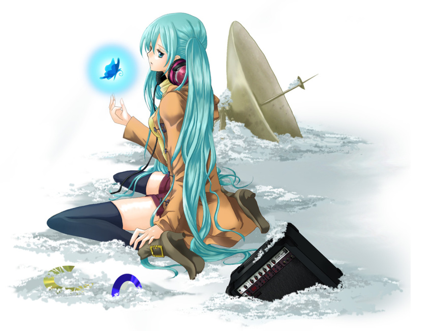 amp aqua_eyes aqua_hair bad_id hatsune_miku headphones headphones_around_neck koyami_tsukito long_hair satellite_dish sitting snow thigh-highs thighhighs tsukito twintails very_long_hair vocaloid