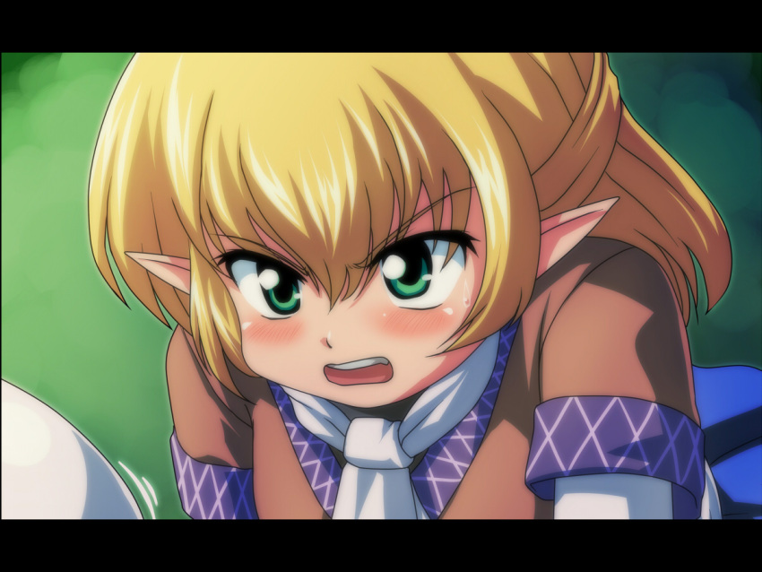 blonde_hair blush face fake_screenshot green_eyes letterboxed mizuhashi_parsee open_mouth pointy_ears short_hair solo tdk touhou