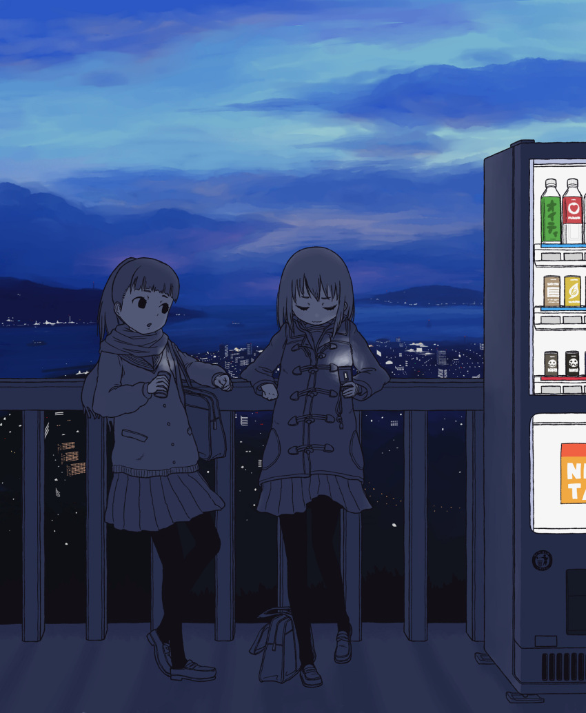 bag can cans cellphone cityscape coat diode highres leaning loafers multiple_girls night pantyhose phone railing scarf shoes shoulder_bag sky vending_machine