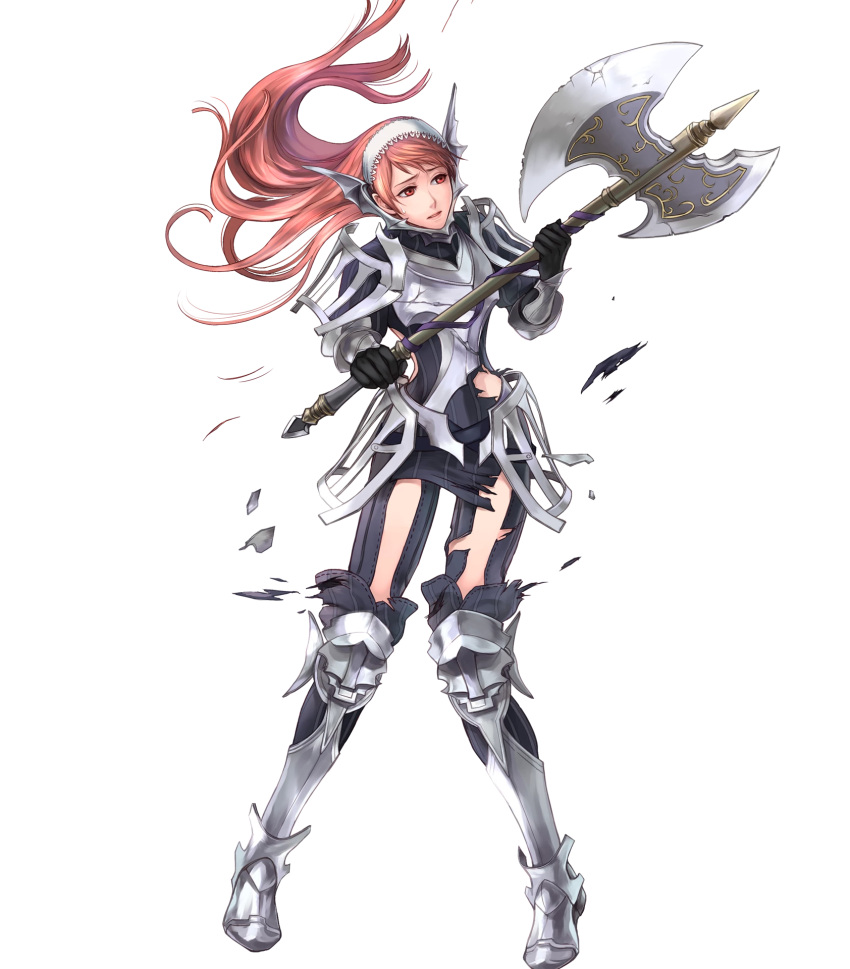 1girl arm_guards armor armored_boots axe battle_axe boots broken broken_armor broken_weapon fire_emblem fire_emblem:_kakusei fire_emblem_heroes full_body highres holding holding_weapon long_hair maid_headdress official_art open_mouth red_eyes redhead serge_(fire_emblem) solo torn_clothes transparent_background wada_sachiko weapon