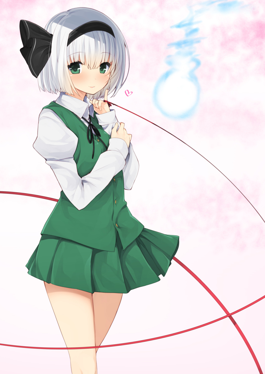 1girl absurdres bangs black_hairband black_ribbon blunt_bangs blush buttons closed_mouth collared_shirt cowboy_shot eyebrows_visible_through_hair floating ghost gradient gradient_background green_eyes green_skirt green_vest hairband heart heart-shaped_pupils highres hitodama juliet_sleeves konpaku_youmu konpaku_youmu_(ghost) long_sleeves looking_at_viewer miniskirt nigo_(aozoragarou) pinky_out pleated_skirt puffy_sleeves red_ribbon red_string ribbon shirt short_hair silver_hair skirt smile solo string symbol-shaped_pupils tareme touhou vest white_shirt wing_collar