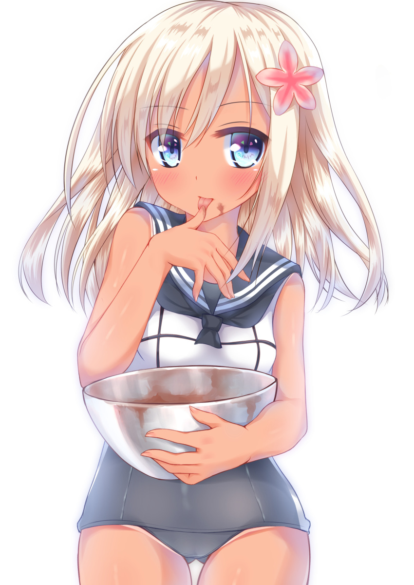 1girl :p absurdres blonde_hair blue_eyes blush bowl chocolate commentary_request crop_top finger_licking flower food food_on_face go-1 hair_flower hair_ornament highres kantai_collection licking long_hair mixing_bowl one-piece_tan revision ro-500_(kantai_collection) sailor_collar school_swimsuit simple_background smile solo swimsuit swimsuit_under_clothes tan tanline tongue tongue_out valentine white_background