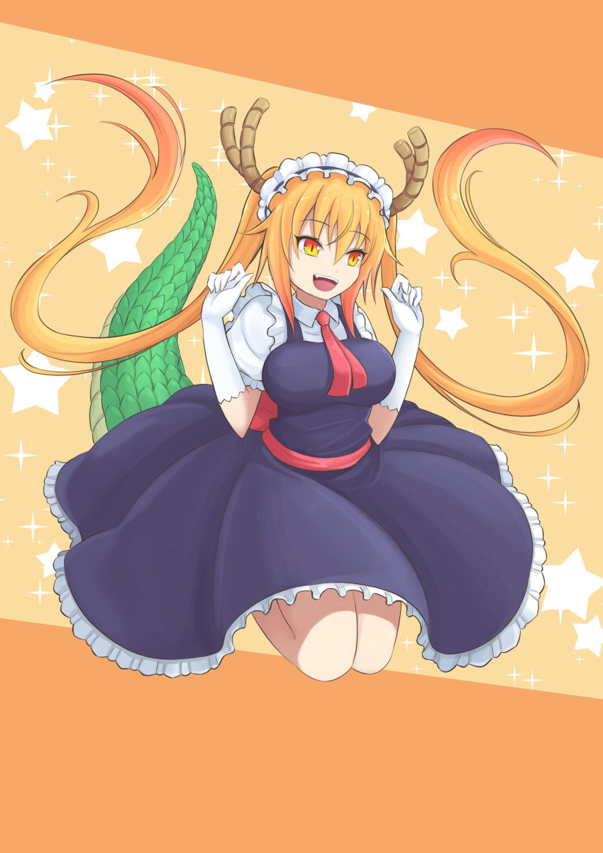 1girl :d absurdres blonde_hair dragon_girl dragon_horns dragon_tail elbow_gloves fang gloves highres horns kobayashi-san_chi_no_maidragon long_hair looking_at_viewer maid necktie open_mouth orange_eyes slit_pupils smile solo star starry_background tail tooru_(maidragon) twintails white_gloves yuki7128