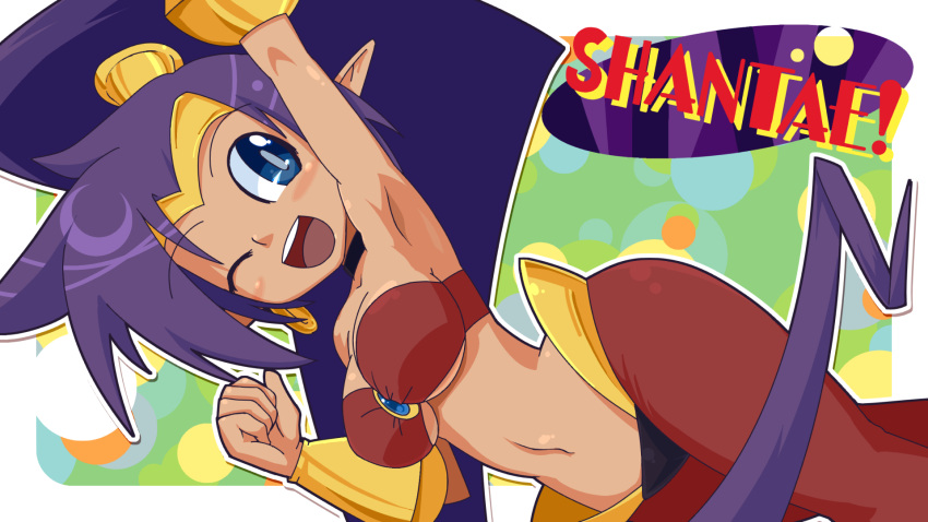 ! 1girl ;d arm_up armpits bare_shoulders blue_eyes blush blush_stickers breasts dark_skin forehead_protector harem_pants highres hips long_hair medium_breasts navel o-ring_top one_eye_closed open_mouth pants pointy_ears ponytail purple_hair shantae shantae:_half-genie_hero shantae_(character) shantae_(series) simple_background smile solo teeth text under_boob vambraces very_long_hair white_background