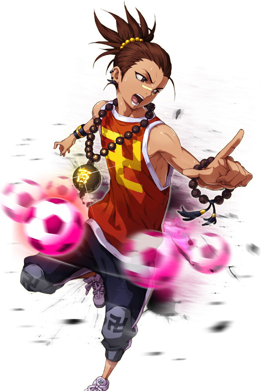 1boy :o ball bracelet brown_eyes brown_hair comiccho earrings full_body glint hair_ornament highres jang_(soccer_spirits) jewelry looking_to_the_side male_focus necklace nose_tape pointing shoes sneakers soccer_ball soccer_spirits solo standing standing_on_one_leg swastika sweatband white_shoes